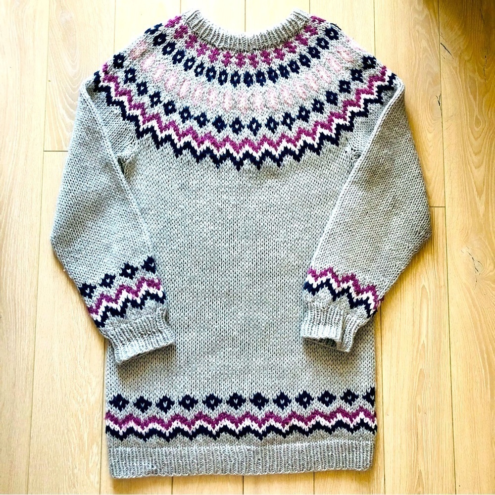 Hand Knit Grey Jacquard Fair Isle Long Sweater